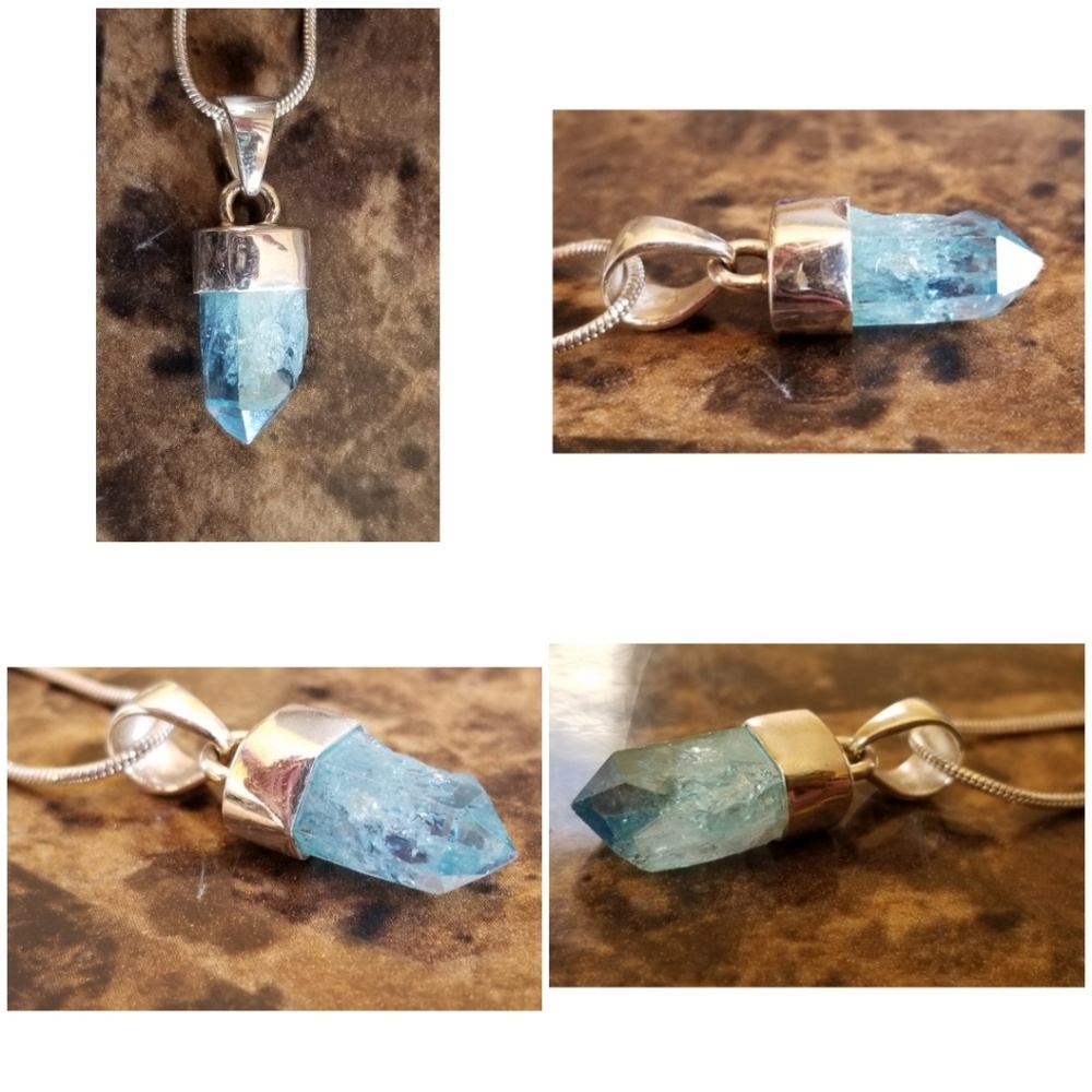 Genuine 6ct Aqumarine Crystal Pendant Necklace - Picture 3 of 4